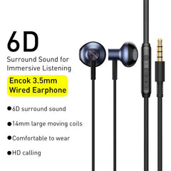 Baseus H19 Wired Earphones | 6D Stereo Bass In-Ear Headphones with Microphone | 3.5mm Jack Earbuds for Xiaomi Samsung Android Smartphones | Clear Sound Music & Calling Headset