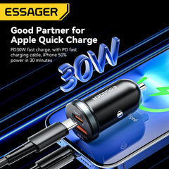 Essager 30W USB C Car Charger | PD QC 3.0 5A Fast Charging Type C Car Phone Charger | Quick Charge USB C Power Adapter for iPhone Xiaomi Samsung | High-Speed Universal Car Charger for Smartphones