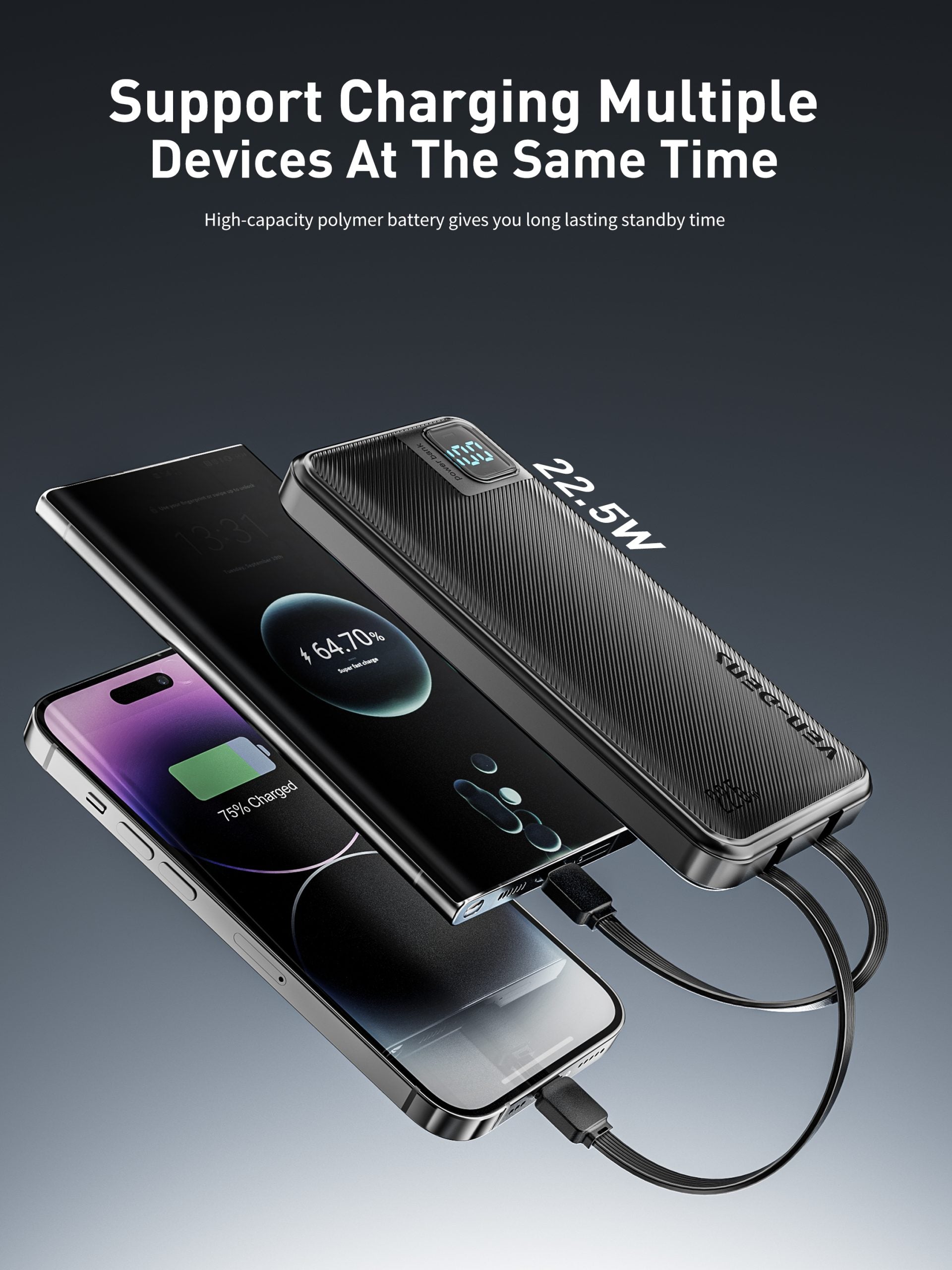 Ven-Dens 22.5W Fast Charging 20000mAh Power Bank | Built in Cables, Multi Device Charging, Digital Display, High Capacity, Lightweight, Universal Power Bank  VD-PB061