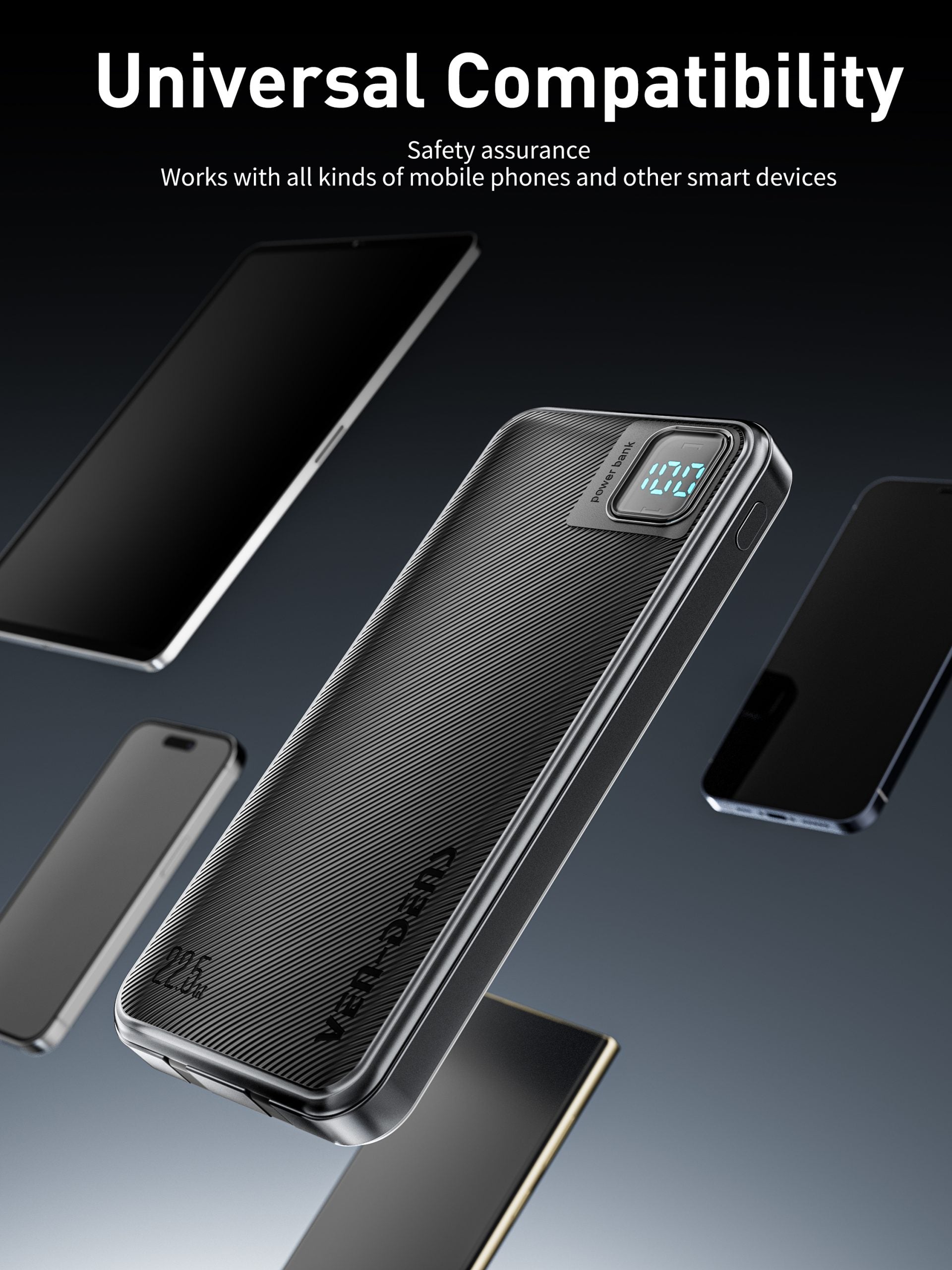 Ven-Dens 22.5W Fast Charging 20000mAh Power Bank | Built in Cables, Multi Device Charging, Digital Display, High Capacity, Lightweight, Universal Power Bank  VD-PB061