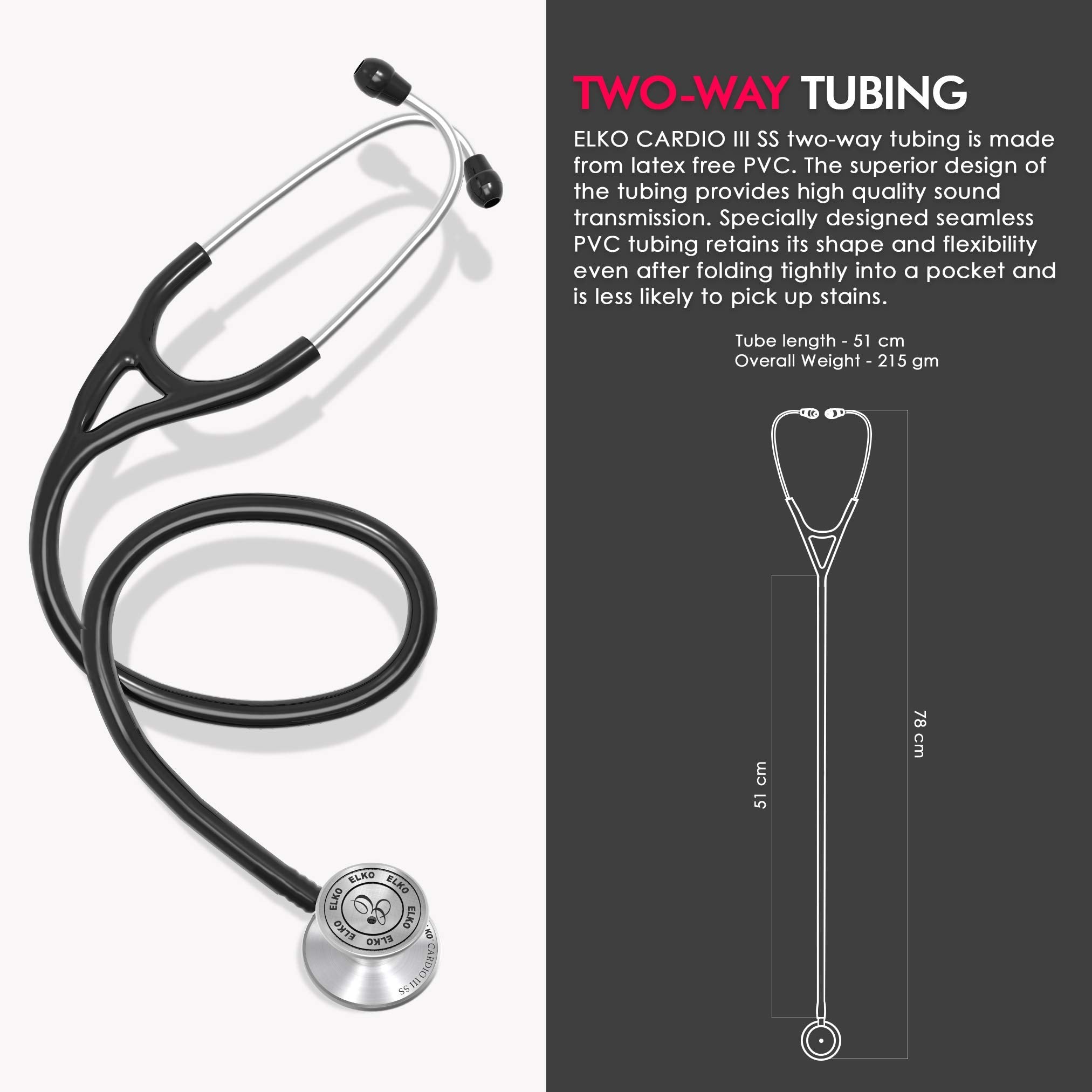 ELKO EL-060 CARDIO III SS Stainless Steel Acoustic Stethoscope | Two-Way PVC Tubing | Double Sided Chestpiece For Adult & Pediatric Patient | Doctors & Medical Students (Black)