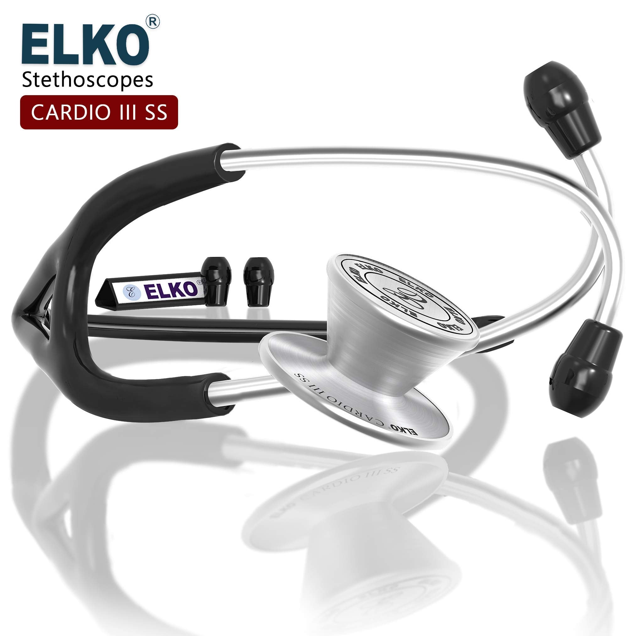 ELKO EL-060 CARDIO III SS Stainless Steel Acoustic Stethoscope | Two-Way PVC Tubing | Double Sided Chestpiece For Adult & Pediatric Patient | Doctors & Medical Students (Black)