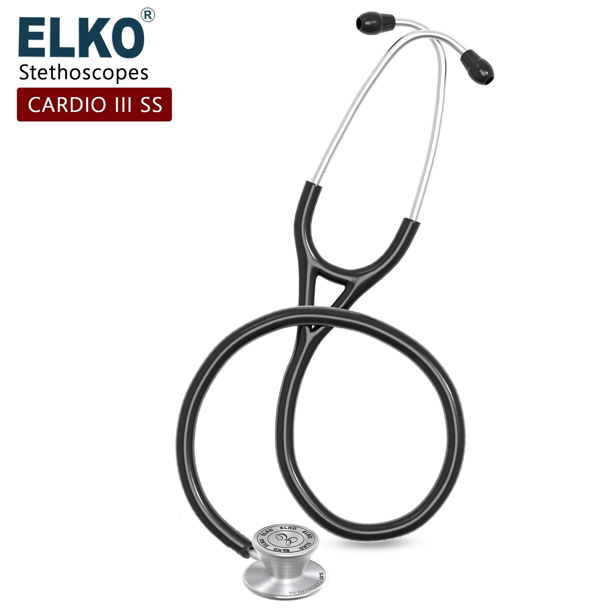 ELKO EL-060 CARDIO III SS Stainless Steel Acoustic Stethoscope | Two-Way PVC Tubing | Double Sided Chestpiece For Adult & Pediatric Patient | Doctors & Medical Students (Black)