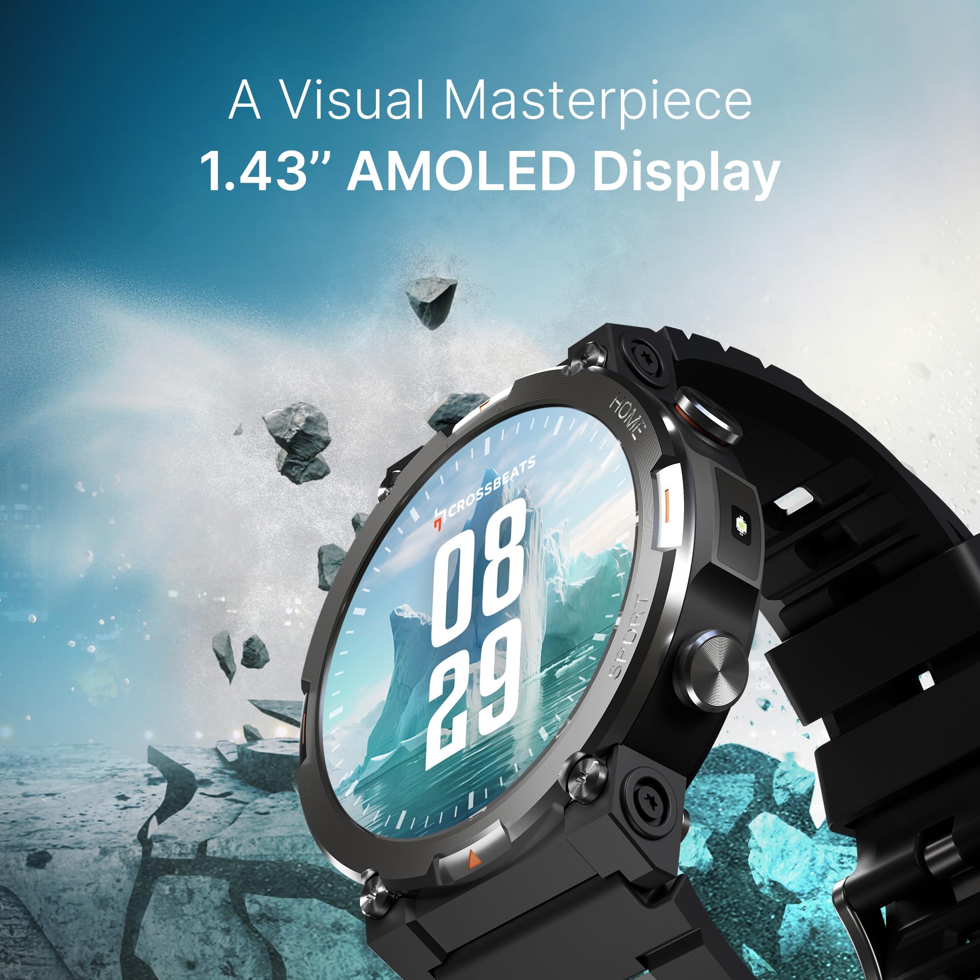 CrossBeats Everest 2.0 | Latest 2026 Smart Watch for man | 1.43" AMOLED Always ON Display Bluetooth Calling Rugged Outdoor Smartwatch | Upto 15 Days Battery Life 100+ Sports Mode Flash Light (Black)