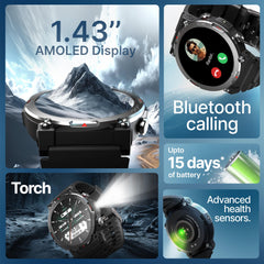 CrossBeats Everest 2.0 | Latest 2026 Smart Watch for man | 1.43" AMOLED Always ON Display Bluetooth Calling Rugged Outdoor Smartwatch | Upto 15 Days Battery Life 100+ Sports Mode Flash Light (Black)