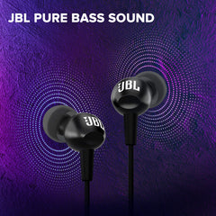 JBL C100SI Wired In Ear Headphones With Mic, Pure Bass Sound, One Button Multi-Function Remote, Premium Metallic Finish, Angled Buds For Comfort Fit (Black)