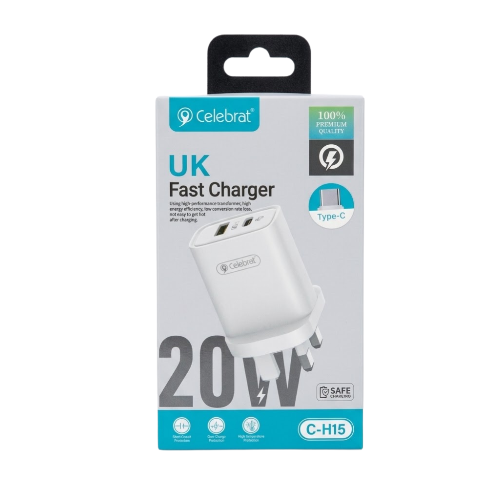 Celebrat C-H15 20W Fast Charger UK Plug – Dual Port USB-C (Type-C) & USB-A Fast Wall Adapter with Multi-Safety Protection for iPhone, iPad, Samsung & Android Devices