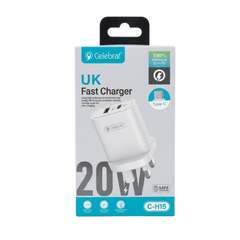 Celebrat C-H15 20W Fast Charger UK Plug – Dual Port USB-C (Type-C) & USB-A Fast Wall Adapter with Multi-Safety Protection for iPhone, iPad, Samsung & Android Devices