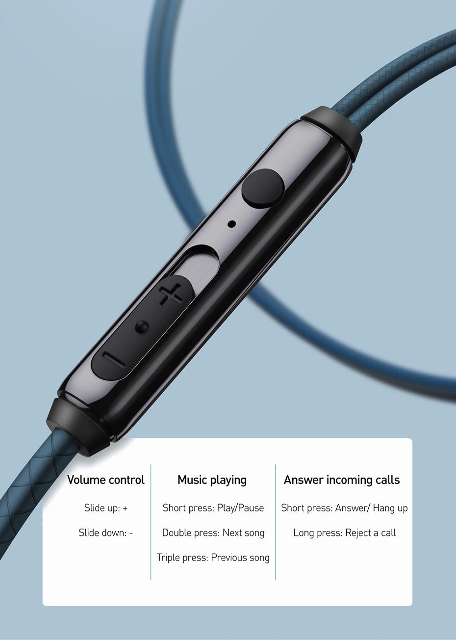 Baseus H19 Wired Earphones | 6D Stereo Bass In-Ear Headphones with Microphone | 3.5mm Jack Earbuds for Xiaomi Samsung Android Smartphones | Clear Sound Music & Calling Headset