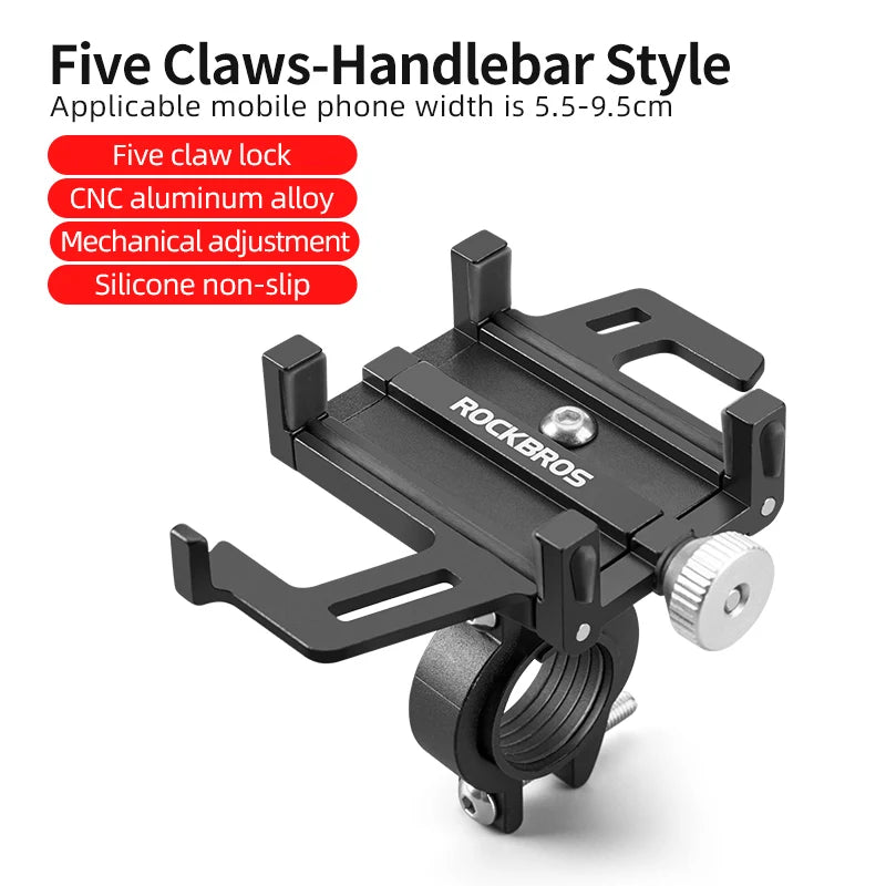 ROCKBROS Motorcycle & Bicycle Phone Holder | CNC Aluminum Alloy Smartphone Mount with Five-Claw Mechanical Grip | Secure Handlebar Phone Bracket for Electric Bike, MTB & Motorcycle