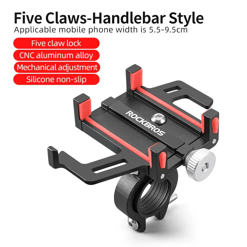 ROCKBROS Motorcycle & Bicycle Phone Holder | CNC Aluminum Alloy Smartphone Mount with Five-Claw Mechanical Grip | Secure Handlebar Phone Bracket for Electric Bike, MTB & Motorcycle
