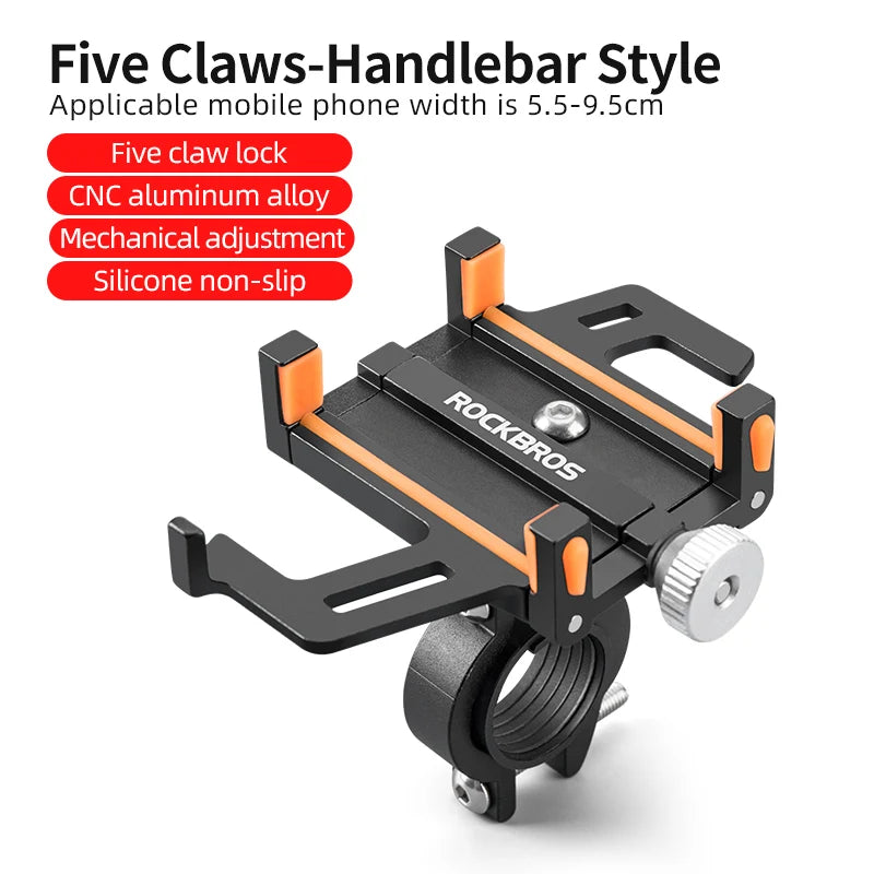 ROCKBROS Motorcycle & Bicycle Phone Holder | CNC Aluminum Alloy Smartphone Mount with Five-Claw Mechanical Grip | Secure Handlebar Phone Bracket for Electric Bike, MTB & Motorcycle