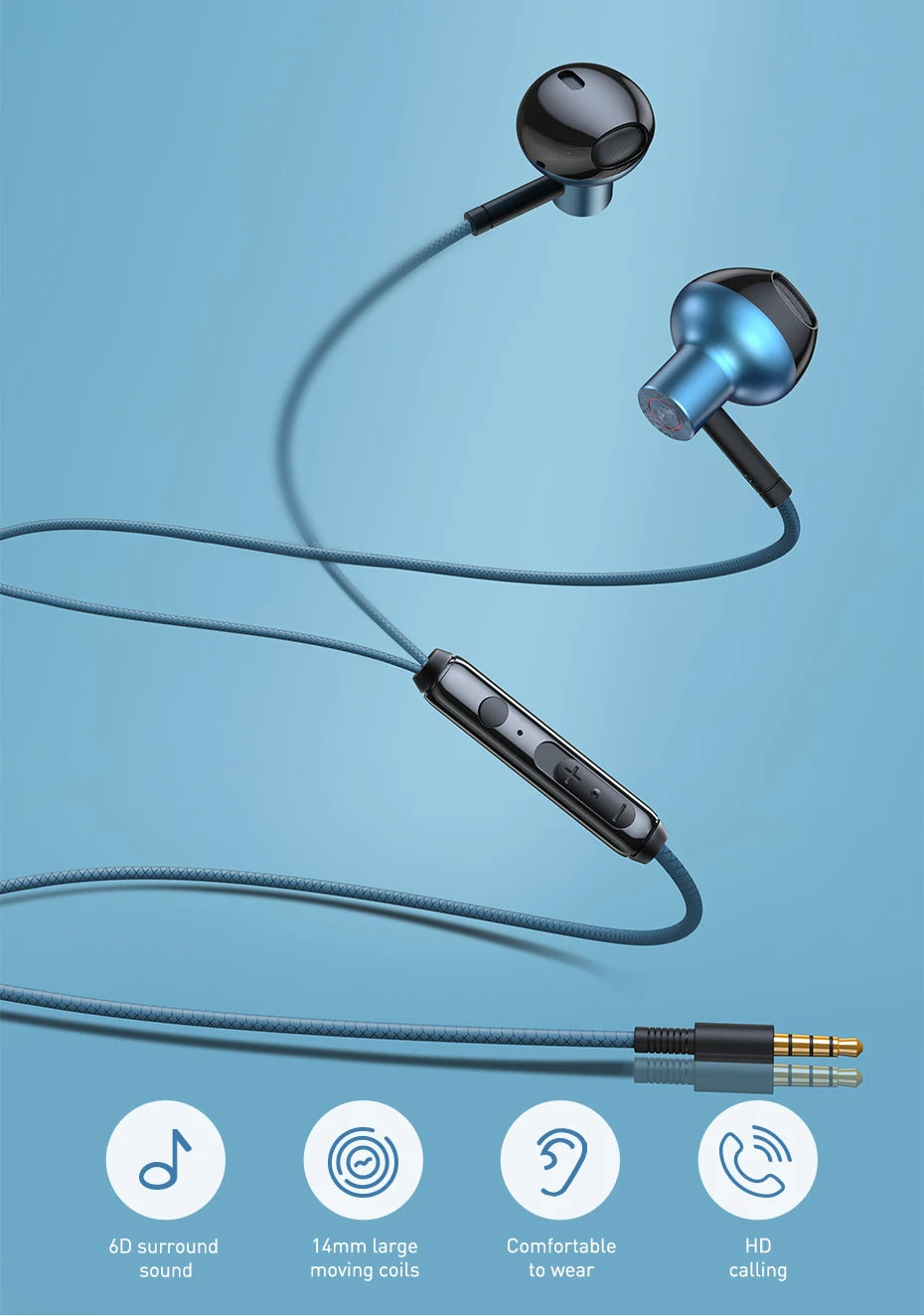 Baseus H19 Wired Earphones | 6D Stereo Bass In-Ear Headphones with Microphone | 3.5mm Jack Earbuds for Xiaomi Samsung Android Smartphones | Clear Sound Music & Calling Headset