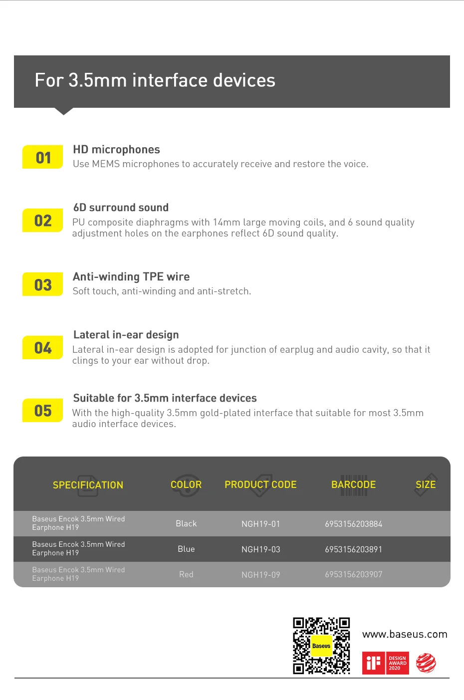 Baseus H19 Wired Earphones | 6D Stereo Bass In-Ear Headphones with Microphone | 3.5mm Jack Earbuds for Xiaomi Samsung Android Smartphones | Clear Sound Music & Calling Headset