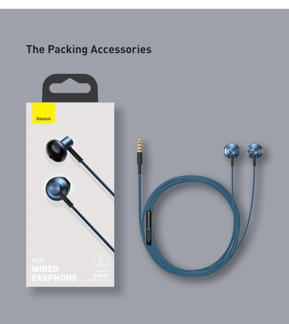 Baseus H19 Wired Earphones | 6D Stereo Bass In-Ear Headphones with Microphone | 3.5mm Jack Earbuds for Xiaomi Samsung Android Smartphones | Clear Sound Music & Calling Headset