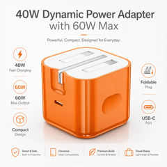 40W Dynamic Power Adapter with 60W Max Output, USB-C Fast Charger, Foldable Plug, Compact Travel Charging Adapter