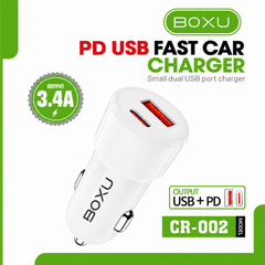BOXU 3.4A Dual-Port USB & USB-C PD Fast Car Charger, Compact Vehicle Charging Adapter |  CR-002