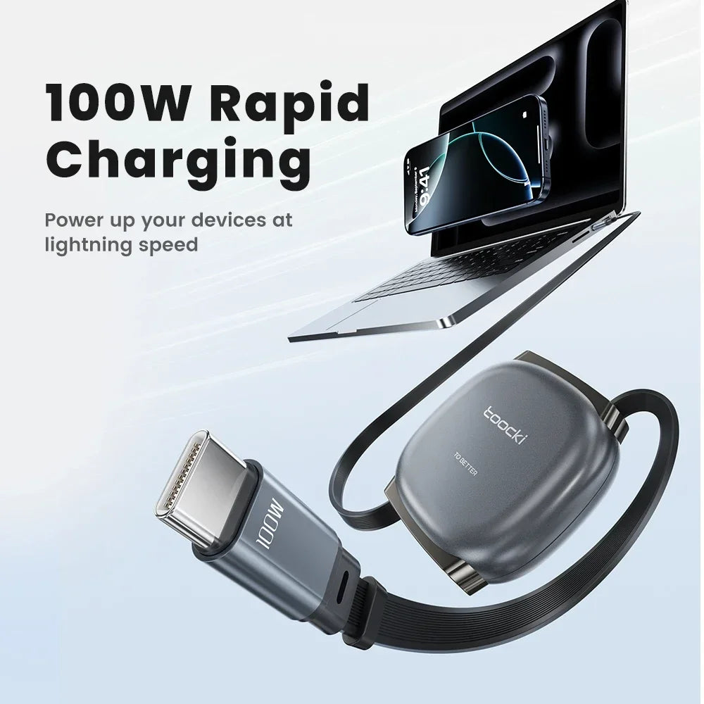 Toocki 100W PD Fast Charging Type C Retractable Cable for iPhone 16 15 Pro Max Samsung Mini USB C Charger Data Cable 480Mbps