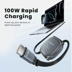 Toocki 100W PD Fast Charging Type C Retractable Cable for iPhone 16 15 Pro Max Samsung Mini USB C Charger Data Cable 480Mbps