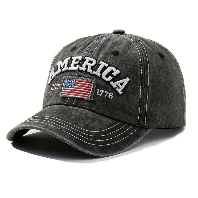 Vintage USA Flag Embroidered Baseball Cap | Bold Lettering Design Distressed Wash Dad Hat | Adjustable Casual Sun Protection Outdoor Cap