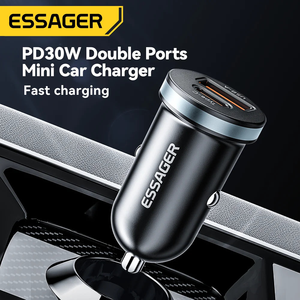 Essager 30W USB C Car Charger | PD QC 3.0 5A Fast Charging Type C Car Phone Charger | Quick Charge USB C Power Adapter for iPhone Xiaomi Samsung | High-Speed Universal Car Charger for Smartphones