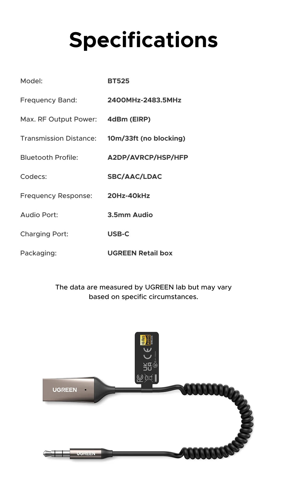 UGREEN Bluetooth 6.0 5.4 3.5mm USB For Car Speaker