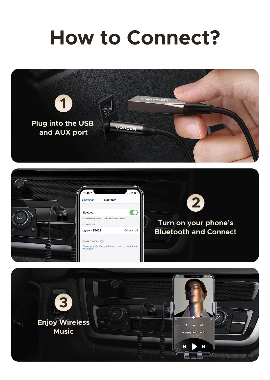 UGREEN Bluetooth 6.0 5.4 3.5mm USB For Car Speaker