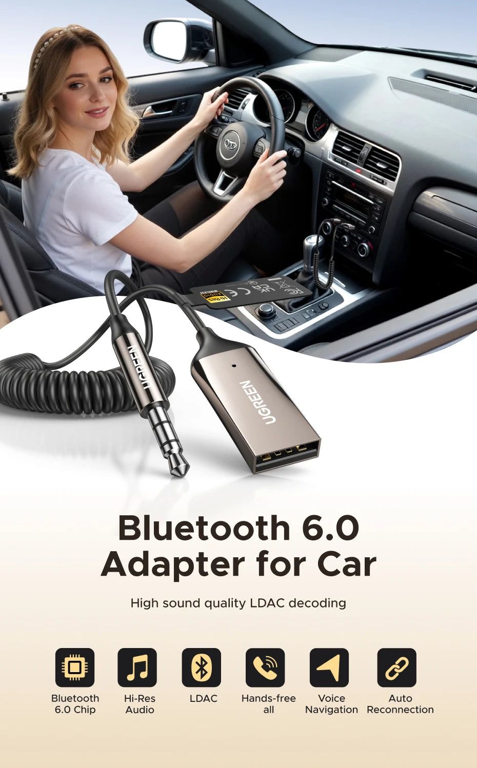 UGREEN Bluetooth 6.0 5.4 3.5mm USB For Car Speaker