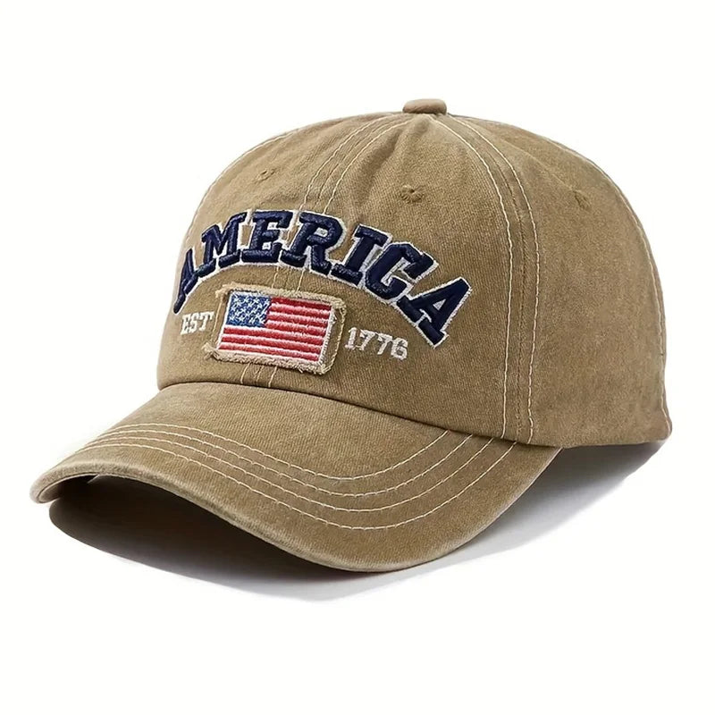 Vintage USA Flag Embroidered Baseball Cap | Bold Lettering Design Distressed Wash Dad Hat | Adjustable Casual Sun Protection Outdoor Cap