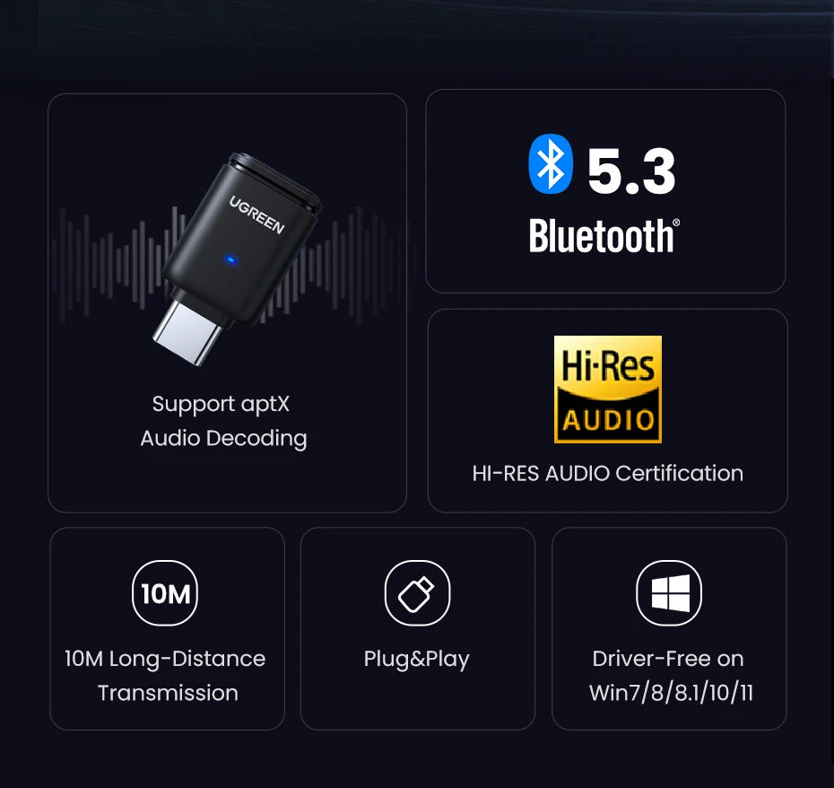 UGREEN USB C Bluetooth 5.3 Transmitter | aptX HD Audio Adapter for PC & Nintendo Switch | Wireless Bluetooth Audio Receiver for Headsets & Speakers | USB C Bluetooth Adapter for Gaming & Music
