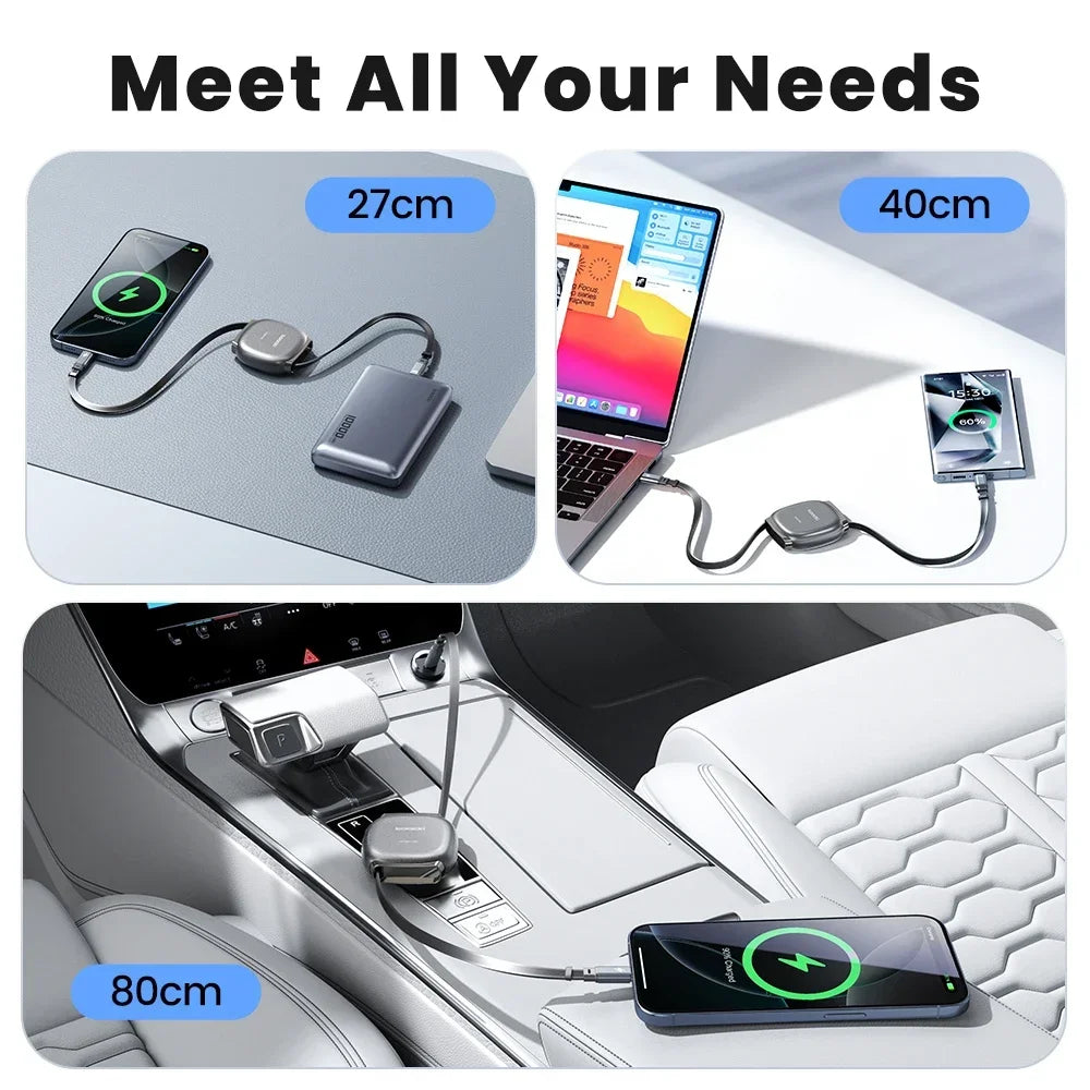 Toocki 100W PD Fast Charging Type C Retractable Cable for iPhone 16 15 Pro Max Samsung Mini USB C Charger Data Cable 480Mbps