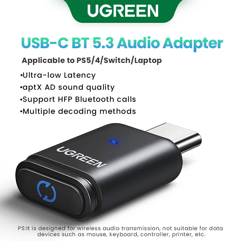 UGREEN USB C Bluetooth 5.3 Transmitter | aptX HD Audio Adapter for PC & Nintendo Switch | Wireless Bluetooth Audio Receiver for Headsets & Speakers | USB C Bluetooth Adapter for Gaming & Music