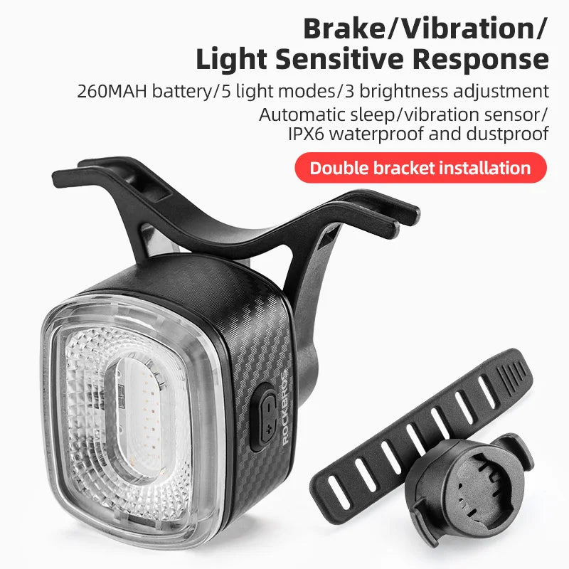 ROCKBROS Smart Bicycle Brake Light | IPX6 Waterproof Type C Rechargeable Bike Tail Light | Auto Stop LED Rear Warning Light | Cycling Safety Taillight for Road Bike MTB & Outdoor Riding