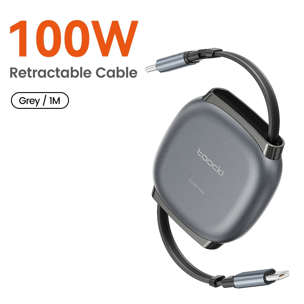Toocki 100W PD Fast Charging Type C Retractable Cable for iPhone 16 15 Pro Max Samsung Mini USB C Charger Data Cable 480Mbps