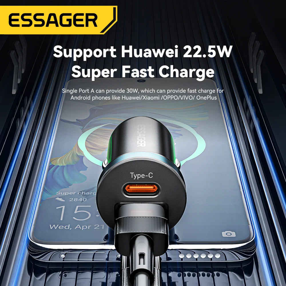 Essager 30W USB C Car Charger | PD QC 3.0 5A Fast Charging Type C Car Phone Charger | Quick Charge USB C Power Adapter for iPhone Xiaomi Samsung | High-Speed Universal Car Charger for Smartphones