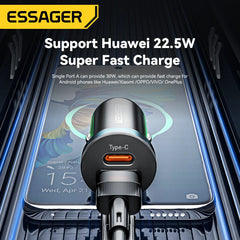 Essager 30W USB C Car Charger | PD QC 3.0 5A Fast Charging Type C Car Phone Charger | Quick Charge USB C Power Adapter for iPhone Xiaomi Samsung | High-Speed Universal Car Charger for Smartphones