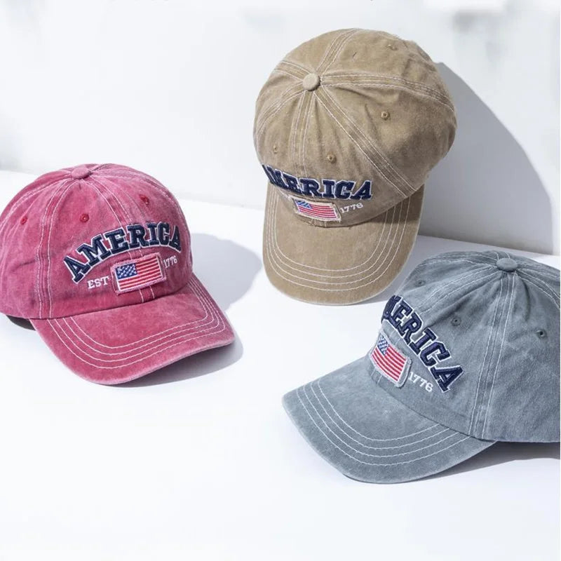 Vintage USA Flag Embroidered Baseball Cap | Bold Lettering Design Distressed Wash Dad Hat | Adjustable Casual Sun Protection Outdoor Cap