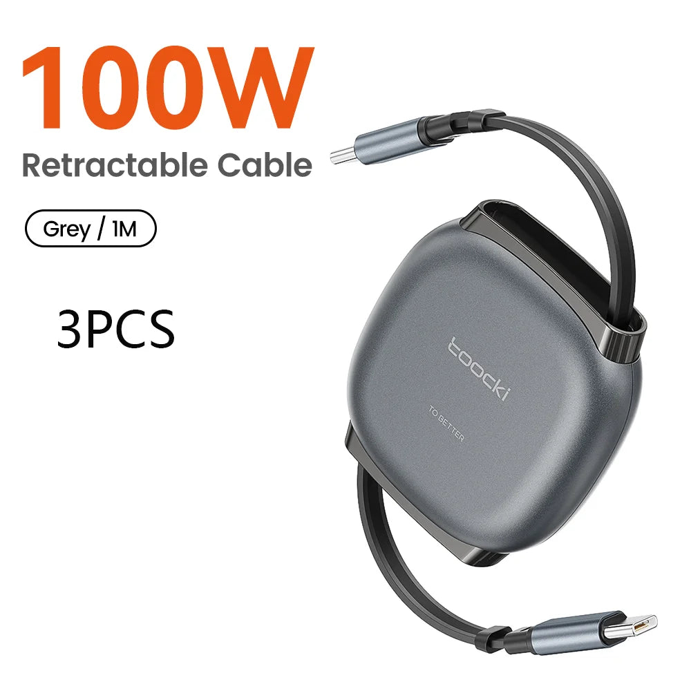 Toocki 100W PD Fast Charging Type C Retractable Cable for iPhone 16 15 Pro Max Samsung Mini USB C Charger Data Cable 480Mbps
