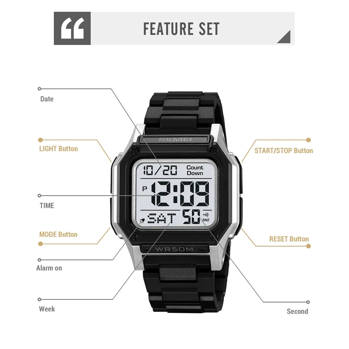 SKMEI 2264 Digital Sports Watch for Men | Backlight Stopwatch & Countdown Timer Wristwatch | 5Bar Waterproof Electronic Watch with Alarm | Casual Outdoor Sports Watch for Men