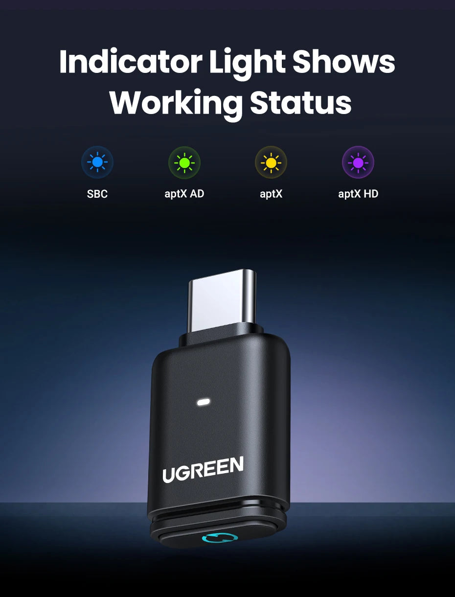 UGREEN USB C Bluetooth 5.3 Transmitter | aptX HD Audio Adapter for PC & Nintendo Switch | Wireless Bluetooth Audio Receiver for Headsets & Speakers | USB C Bluetooth Adapter for Gaming & Music
