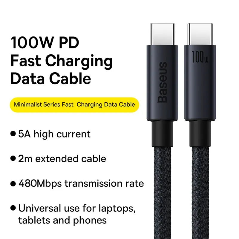 Baseus 100W USB C to USB C Cable | 100W PD Fast Charging Type C to Type C Cable | High-Speed Charging & Data Transfer Cable for iPhone MacBook Xiaomi Samsung | Durable Universal USB C Charging Cable