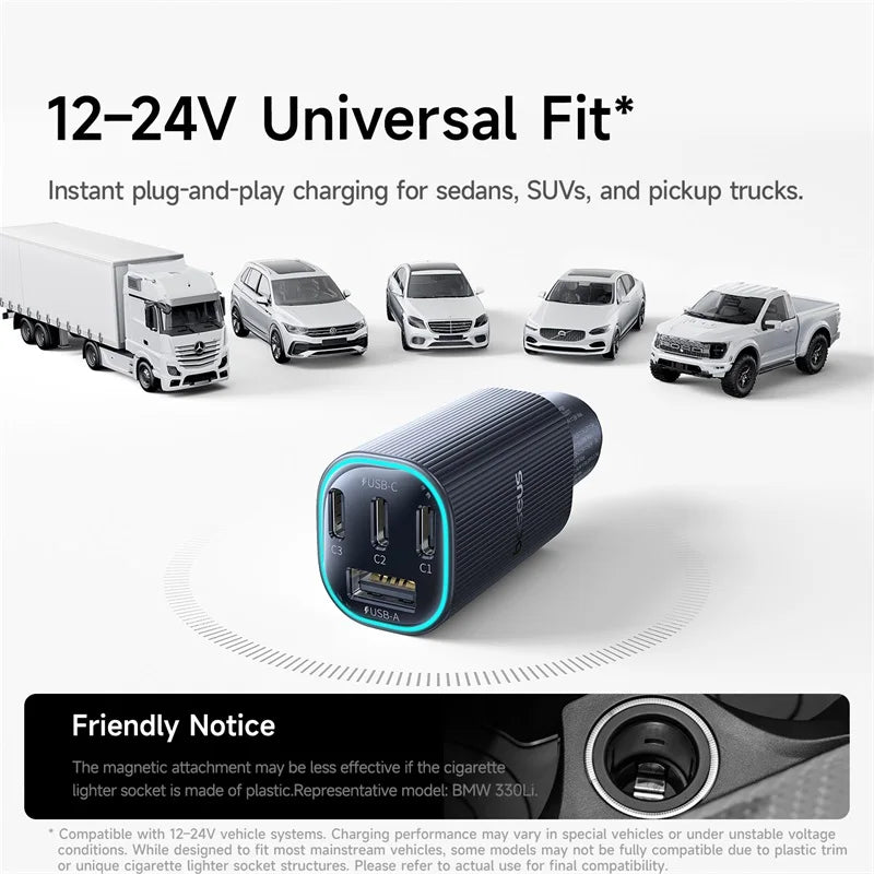 Baseus 160W Magnetic Car Charger | USB C Fast Charging Car Phone Charger with 4-Port Charging Hub | High-Power Charging Adapter for iPhone Xiaomi Samsung | Portable Car Charging Accessory