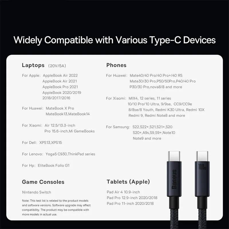 Baseus 100W USB C to USB C Cable | 100W PD Fast Charging Type C to Type C Cable | High-Speed Charging & Data Transfer Cable for iPhone MacBook Xiaomi Samsung | Durable Universal USB C Charging Cable