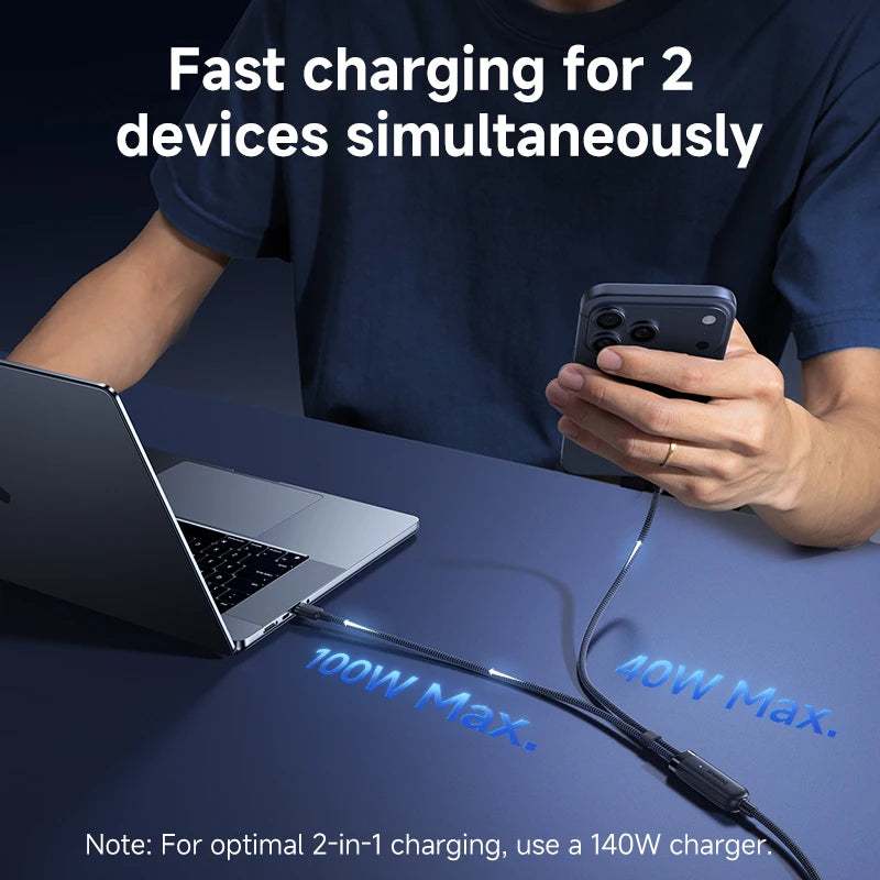 Baseus 140W 2-in-1 USB C Cable | PD3.1 QC PPS Fast Charging Data Cable with Dual Type C Connectors | High-Speed Charging Cable for Laptop Tablet Samsung iPhone