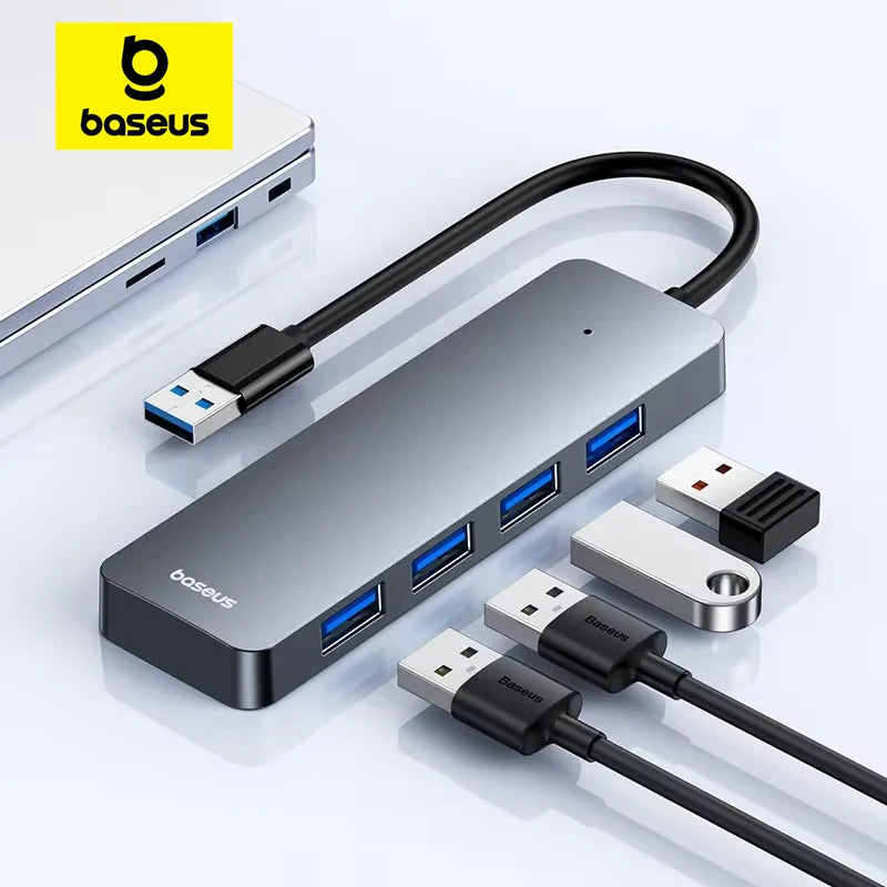 Baseus 4 Port USB Hub | USB 3.0 High Speed Multi Port USB Splitter Adapter | Compact USB Hub for Laptop MacBook Xiaomi Lenovo PC Computer Accessories