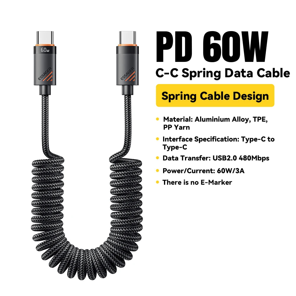 Essager 100W PD Fast Charging Type C to Type C Spring Car Charger Cable