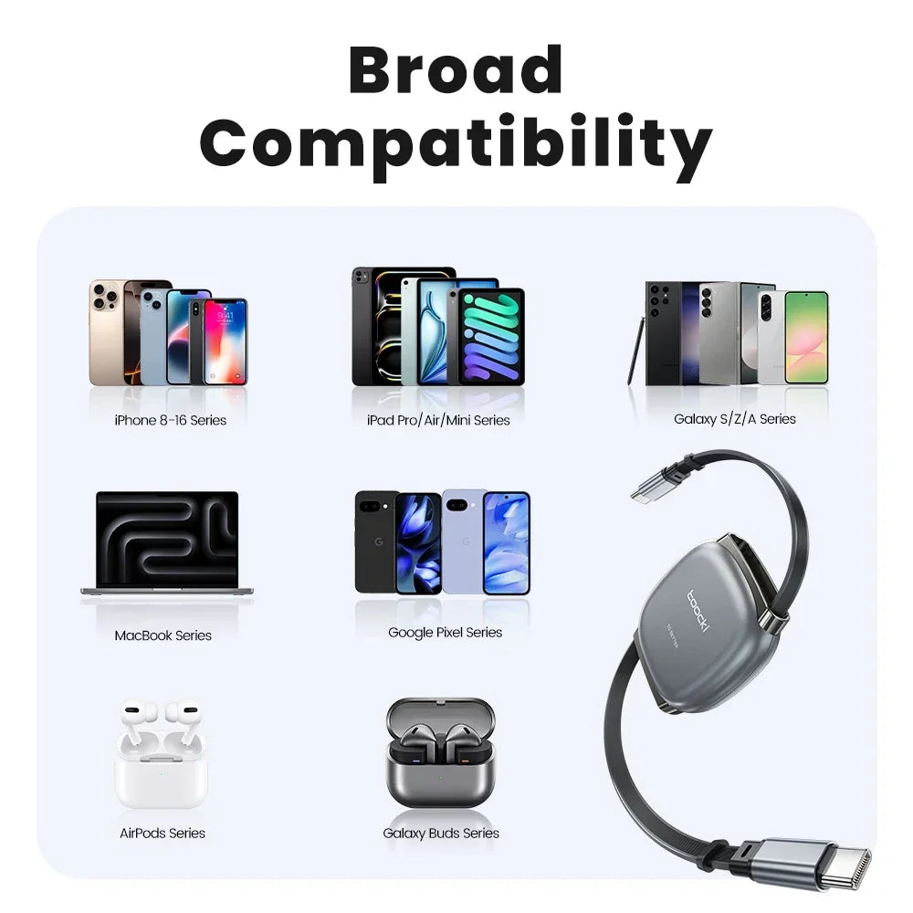 Toocki 100W PD Fast Charging Type C Retractable Cable for iPhone 16 15 Pro Max Samsung Mini USB C Charger Data Cable 480Mbps