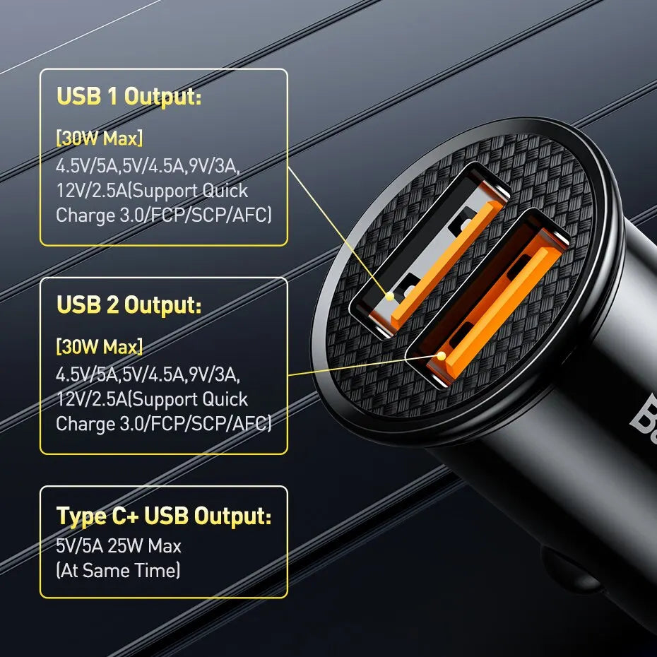 Baseus 30W Fast Charging USB Car Charger | Quick Charge 4.0 & 3.0 USB PD Car Phone Charger | FCP SCP Fast Charging Adapter for iPhone and Smartphones