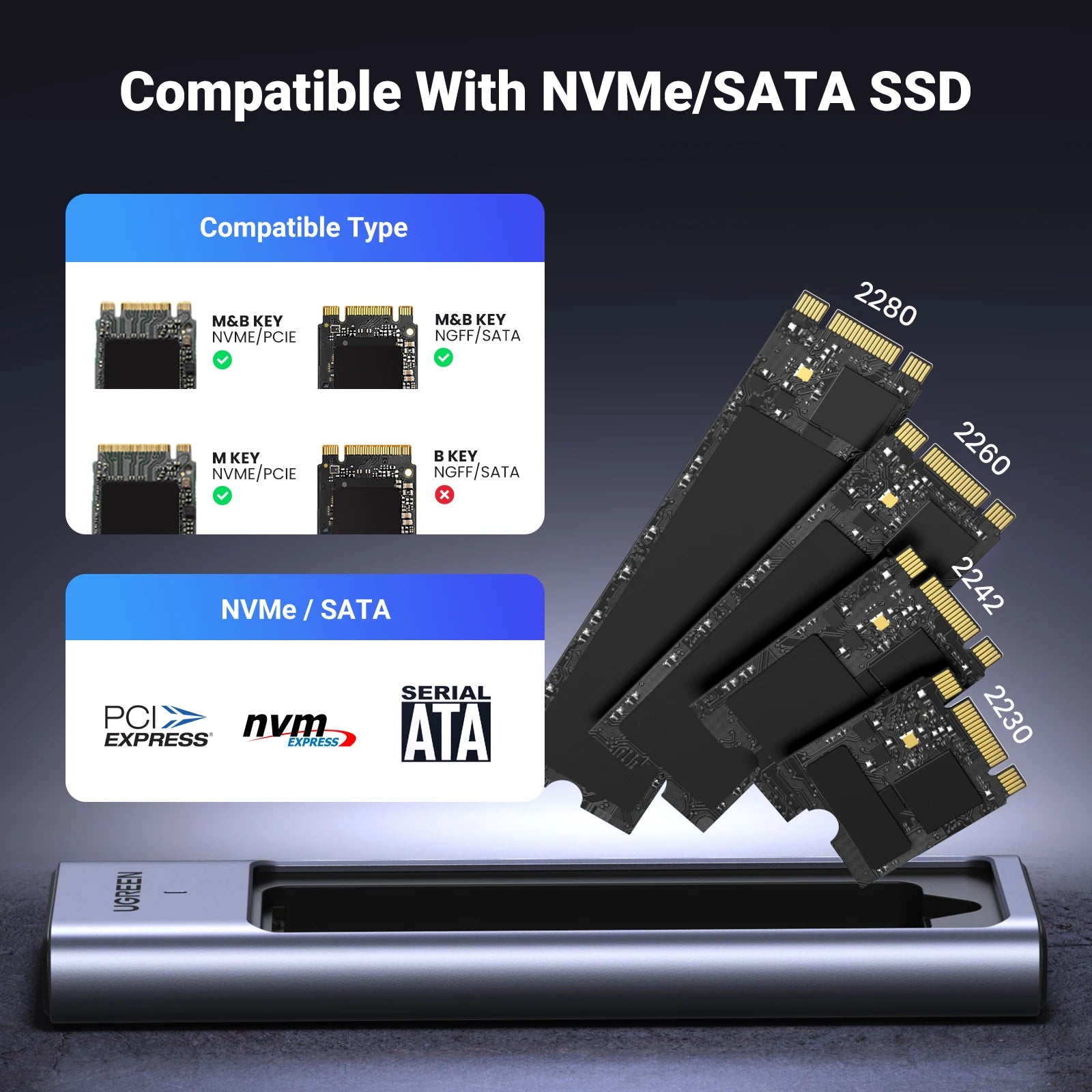 UGREEN M.2 NVMe SATA SSD Enclosure | 20Gbps USB C 3.2 Gen 2 External SSD Enclosure | Aluminum M.2 SSD Case for M Key & B+M Key 2280 SSDs | High-Speed Portable Storage Adapter