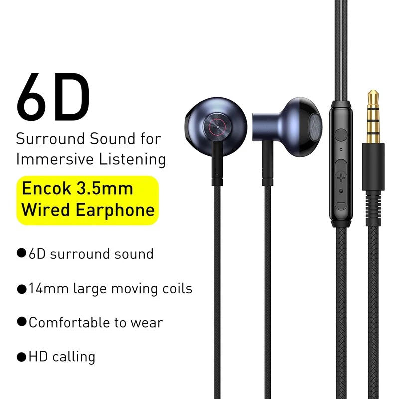 Baseus H19 Wired Earphones | 6D Stereo Bass In-Ear Headphones with Microphone | 3.5mm Jack Earbuds for Xiaomi Samsung Android Smartphones | Clear Sound Music & Calling Headset